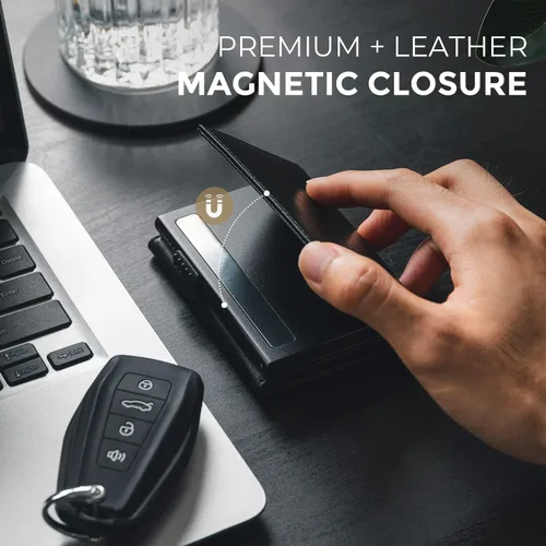 Miniatura 19 de VULKIT Cartera con tarjetero para hombre, con cierre magnético, bloqueo RFID, billetera de cuero triple, marino, Moderno