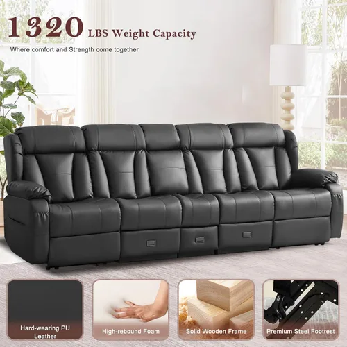 Miniatura 8 de Sofá biplaza reclinable manual de 110 pulgadas, sillón reclinable de 4 asientos con consola, mesa plegable y salidas integradas, sofá reclinable