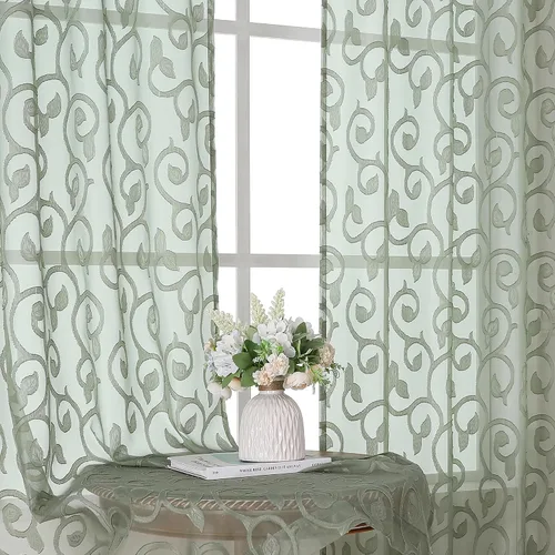Miniatura 15 de OWENIE Furman - Juego de 2 paneles de cortinas traslúcidas negras de 24 pulgadas de largo, cortinas semitransparentes de jacquard ligeras y aireadas
