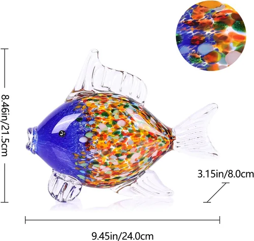 Miniatura 2 de Figuras grandes de peces de vidrio soplado a mano, arte de vidrio marino para acuario, escultura de estatua de pez azul y naranja, acento costero