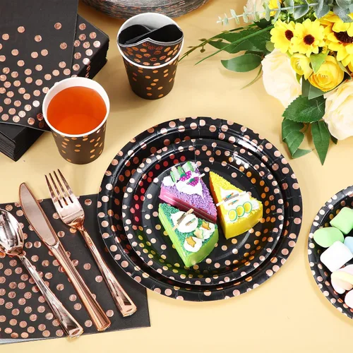 Miniatura 4 de 700 piezas de suministros de fiesta de color negro y oro rosa para 100 invitados, juegos de vajilla desechables, platos de papel de oro rosa negro