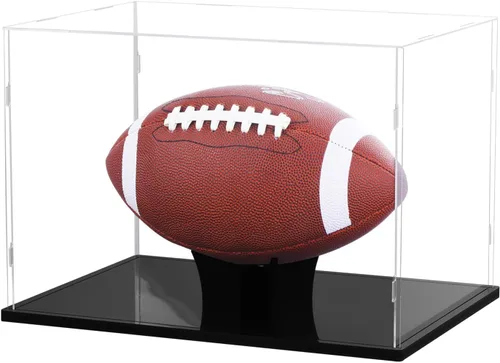 Vitrina para balón de fútbol americano de tamaño completo, caja transparente de acrílico con soporte, soporte para recuerdos con protección UV, para