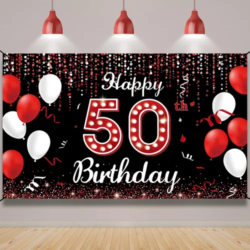 Cartel de fondo de decoración de cumpleaños número 50, decoraciones de feliz cumpleaños 50 para mujeres, rojo, negro y blanco, cartel de fiesta de