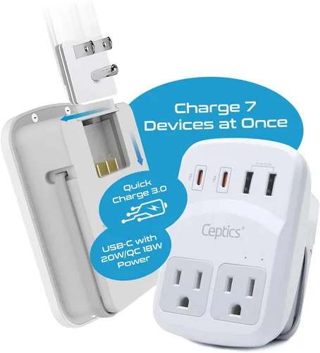 Miniatura 3 de Kit de adaptador de viaje mundial Ceptics 2 USB-A, USB-C, tomas de corriente EE. UU., entrega de potencia 20W/QC 18W, protección contra