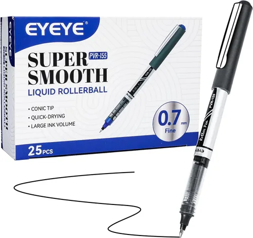 EYEYE Paquete de 25 bolígrafos de bola de rodillo negros de 0.7mm, bolígrafo de bola de rodillo de punta media de secado rápido, bolígrafos de tinta