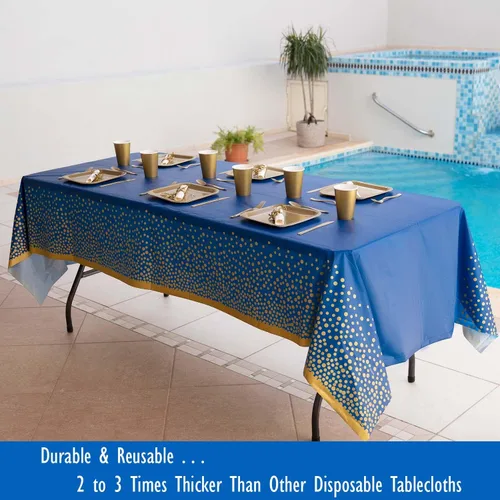 Miniatura 3 de Paquete de 2 manteles de plástico azul y dorado de alta calidad, gruesos, duraderos, reutilizables (54 x 108 pulgadas), manteles desechables de Azul