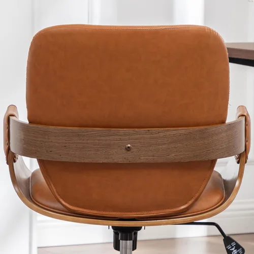 Miniatura 8 de Silla de escritorio de oficina en casa con ruedas giratorias, artesanía de nogal, respaldo y brazos curvos ergonómicos, piel sintética, altura