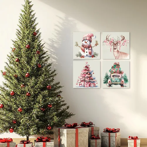 Miniatura 4 de Arte de Lienzo de Pared de Navidad Rosa - Juego de 4 Muñeco de Nieve, Ciervo, Árbol de Navidad y Camión Póster de Arte de Navidad - Pintura Estética