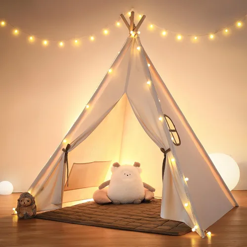 Miniatura 11 de besrey - Tienda de campaña tipi para niños con luz y alfombra, tienda de campaña para jugar en interiores, casa de juegos, tienda tipi de algodón