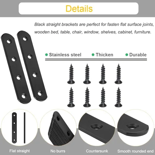 Miniatura 3 de Paquete de 8 soportes rectos negros de acero inoxidable de 4 pulgadas, placas planas de reparación de alta resistencia, soportes de unión