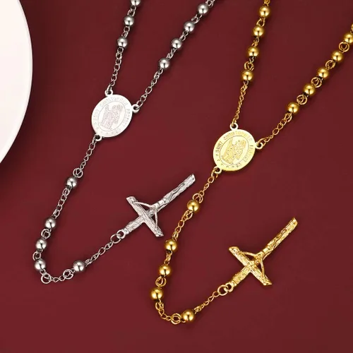 Miniatura 9 de FaithHeart Collar de cuentas de rosario católico medalla de San Miguel San Cristóbal Virgen María y San Benito con dije de cruz cuentas de 6 mm0236