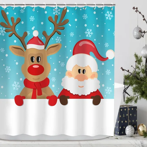 LIVILAN Cortina de ducha de Navidad, diseño de Papá Noel y reno con 12 ganchos, cortina de baño decorativa de Navidad de tela de dibujos animados,