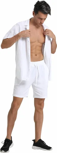 Miniatura 4 de RPOVIG Conjunto corto de camisa de lino conjunto casual de 2 piezas para hombre