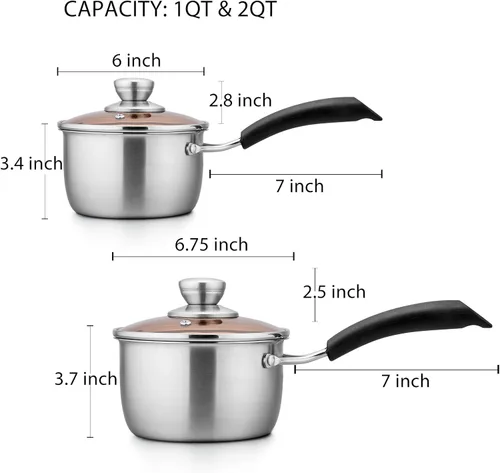 Miniatura 3 de TeamFar Cacerola de 1 cuarto de galón y 2 cuartos de galón con tapa, olla pequeña de cocción de acero inoxidable, cacerola para leche y salsas