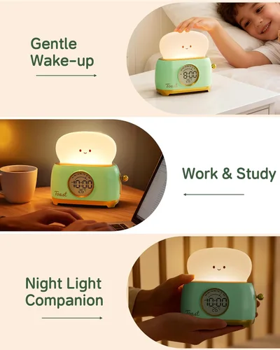 Miniatura 7 de Reloj Despertador para Niños, Lindo Reloj Despertador con Luz Nocturna de Tostada para Dormitorios, Reloj de Escritorio LED Pequeño Recargable