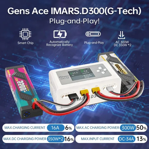 Miniatura 3 de Lipo Cargador de batería, cargador Gens Ace IMARS D300 G-Tech Series Smart Dual Lipo Balance Charger 16A AC 300W DC 700W (350W* 2) Cargador de Blanco