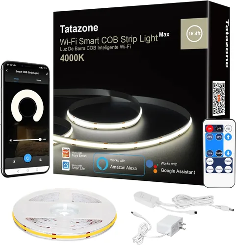 Tatazone Tira de luz LED COB blanca inteligente con aplicación y control remoto, tira de luz COB brillante WiFi de 16.4 pies, 4000 K, compatible con