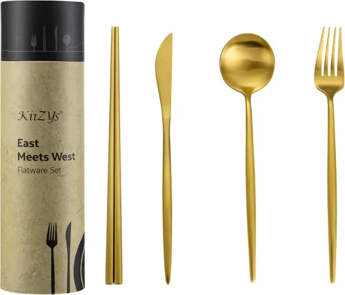 Miniatura 12 de KiiZYs Juego de cubiertos negro mate – Juego de cubiertos modernos de 14 piezas de acero inoxidable – Palillos de metal para cocina, tenedor