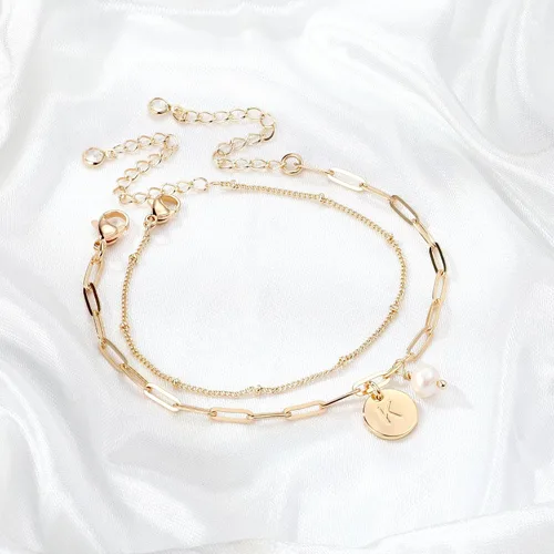 Miniatura 7 de Pulseras con inicial de oro para mujer, chapado en oro de 14 quilates, pulsera con inicial de letra, ajustable, con eslabones en capas, pulsera