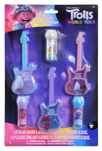 Trolls - Juego de cosméticos de 2 formas de brillo labial y bálsamo labial, kit de belleza de 6 piezas para niños en tarjeta blíster con bálsamo