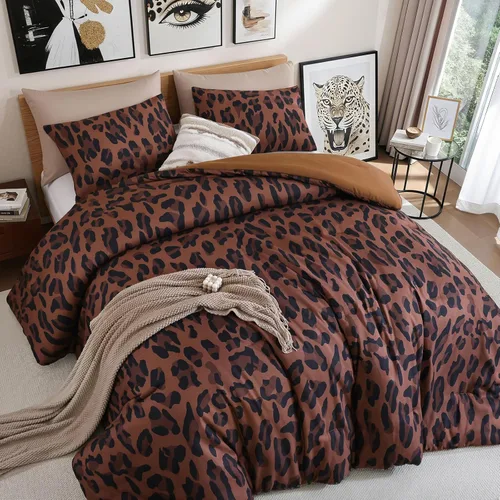 Miniatura 16 de JANZAA Juego de edredón tamaño Individual, juego de cama beige con estampado de leopardo, ropa de cama elegante y con estilo con estampado de animal
