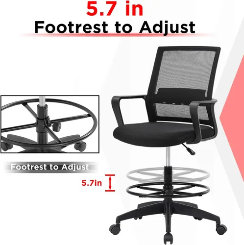 Miniatura 4 de Silla de redacción alta para oficina, silla de escritorio ergonómica de malla con respaldo medio con anillo de pie ajustable para escritorio Negro