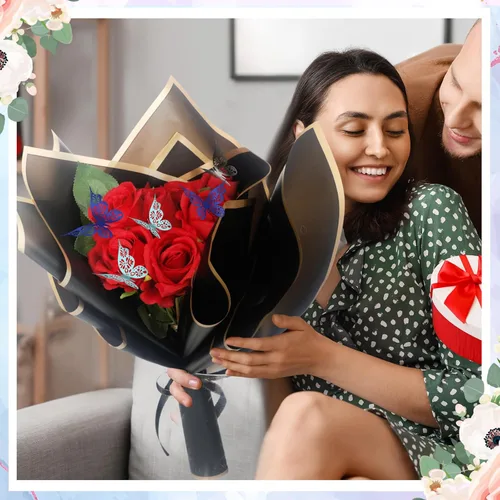 Miniatura 6 de Qilery 243 piezas de papel de regalo para ramo de flores, impermeable, suministros de floristería con decoración de mariposas, coronas, cintas