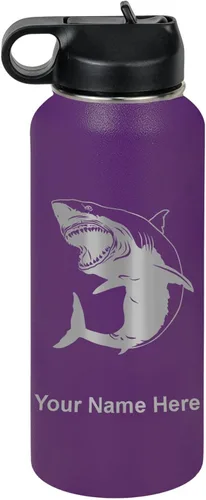 Miniatura 46 de LaserGram Botella de agua personalizada, gran tiburón blanco, acero inoxidable de doble pared aislada al vacío con popote superior, regalo grabado