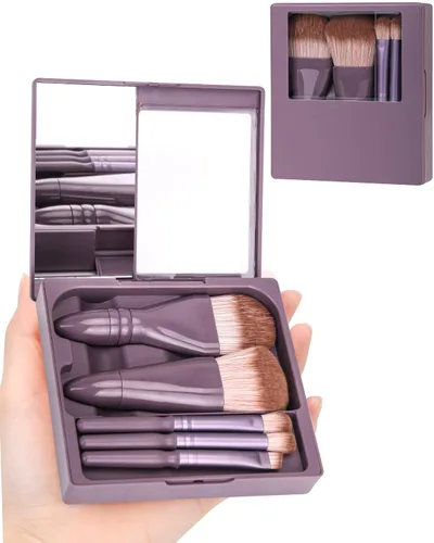 PGRODE Mini juego de brochas de maquillaje de tamaño de viaje con estuche rígido y espejo integrado, 5 brochas pequeñas para cosméticos, kits