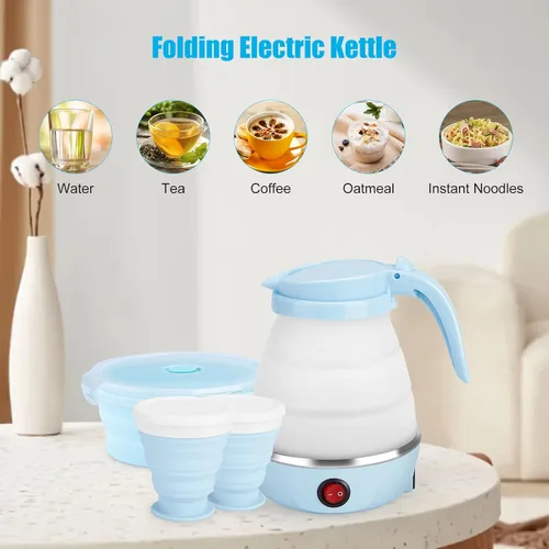 Miniatura 6 de Hervidor Eléctrico Plegable de Viaje, Hervidor Portátil para Agua Caliente Rápida para Té y Café, con 1 Tazón Plegable y 2 Tazas, Silicona de Grado