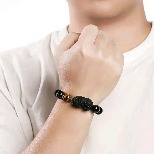 Miniatura 19 de Pulsera de obsidiana negra, pulsera de obsidiana negra Feng Shui para mujeres y hombres, pulsera elástica de obsidiana con piedra de ojo de tigre