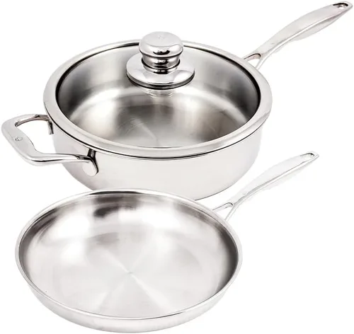 Swiss Diamond Juego de utensilios de cocina de acero inoxidable de 5 capas de alta calidad con acabado exterior satinado, juego de ollas y sartenes