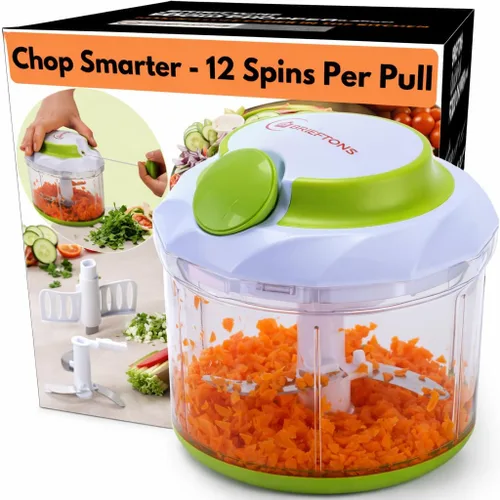 Picador Brieftons Quickpull. Picador de alimentos: poderoso cortavegetales/picadora/licuadora manual para trocear frutas, verduras, frutos secos,