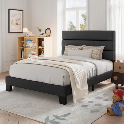 Miniatura 3 de Allewie Base de cama de plataforma de tamaño individual con cabecera tapizada de tela y soporte de listones de madera, base de colchón totalmente