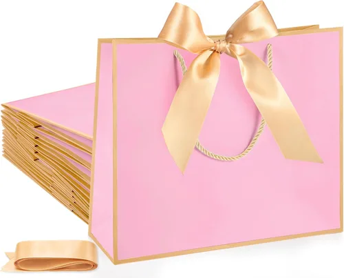 Silkfly 12 bolsas de regalo con asas para dama de honor, 12 x 10 x 4 pulgadas, elegantes bolsas de regalo de bienvenida de boda con lazo para Rosa