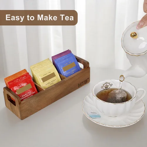 Miniatura 7 de HTB Caja Pequeña de Bolsitas de Té de Madera, 3 Compartimentos, Cofre de Bolsitas de Té de Madera de Acacia con Asa, Mini Contenedor
