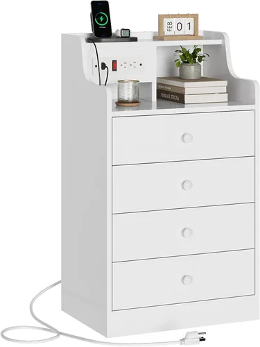 Miniatura 11 de ADORNEVE Mesita de noche grande con estación de carga, mesita de noche negra para dormitorio, mesa auxiliar alta con aparador y 4 cajones, mesa