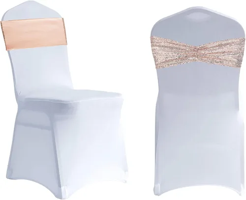 Miniatura 10 de SquarPie - Paquete de 50 bandas para silla, de elastano elástico dorado, lazos de lentejuelas unilaterales para decoración de bodas, fiestas