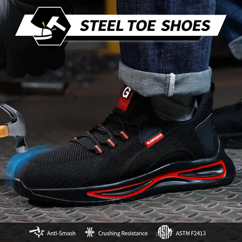 Miniatura 2 de GLANOUDUN Zapatos de punta de acero para hombre, zapatos de trabajo ligeros para hombres, zapatos de trabajo negros con punta de acero, zapatos