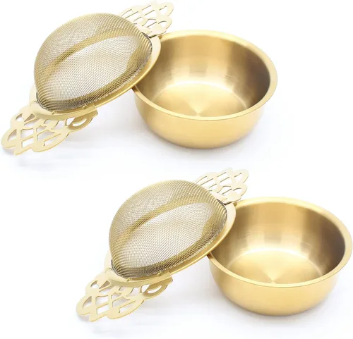 Bonsicoky Paquete de 2 cuencos coladores de té, filtro de té de hojas sueltas de acero inoxidable para boca de taza de 2.5 a 4 pulgadas, dorado