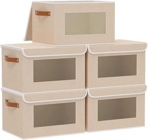 Miniatura 11 de Cesta de almacenamiento de tela con tapa, organizador decorativo de lino para armario, caja de almacenamiento de 15 x 9.8 x 9.8 pulgadas con asas