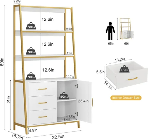 Miniatura 3 de HITHOS Estantería Alta de 69", Estantería Blanco Dorado de 4 Niveles con Cajones de Madera y Estantes de Escalera, Gabinete de Almacenamiento