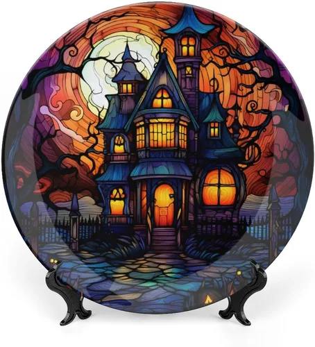 Platos decorativos, diseño de casa embrujada de Halloween, plato de cerámica con soporte de exhibición, decoración para colgar en la pared para