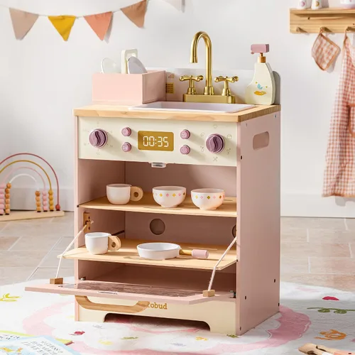 Miniatura 8 de ROBUD Juego de lavavajillas de madera, juego de cocina de juguete, lavavajillas de juguete para niños, juguete de cocina con cestas de Rosa