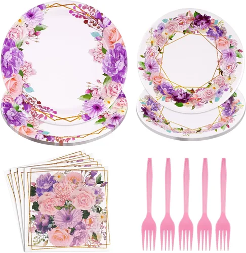 Grencian 96 piezas de suministros de fiesta floral de primavera, platos de papel y servilletas de flores rosas y moradas, juego de vajilla