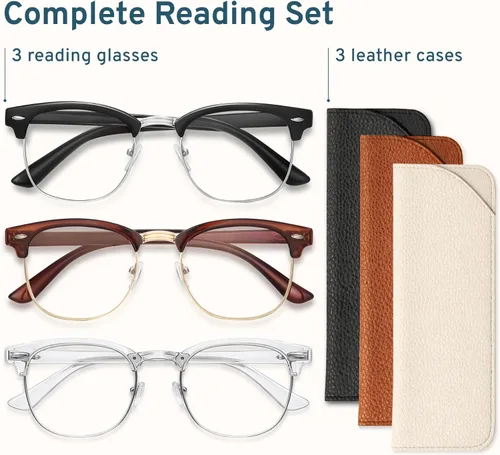 Miniatura 7 de CCVOO Paquete de 3 Gafas de Lectura con Bloqueo de Luz Azul, Lectores Retro Semi Sin Marco para Hombres y Mujeres, Gafas Redondas con Filtro UV400