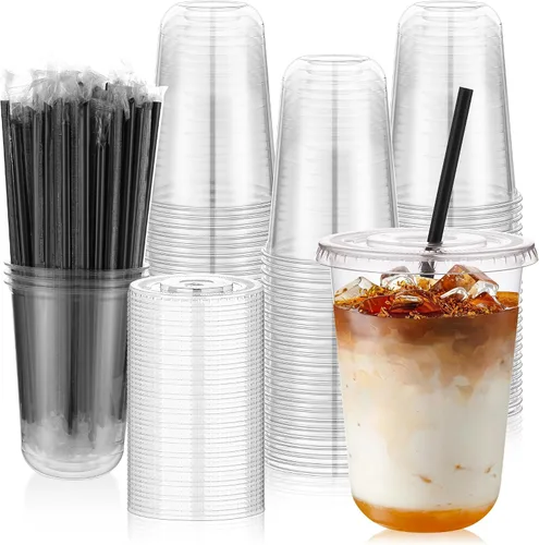 Miniatura 13 de tchrules Juego de 100 vasos de plástico negro de 12 onzas con tapas y pajitas, taza de café helado desechable con tapa, parte inferior redonda