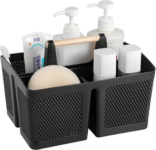 rejomiik - Cesta portátil para ducha de plástico, organizador de limpieza con asa, organizador de almacenamiento portátil con asa para baño, Negro
