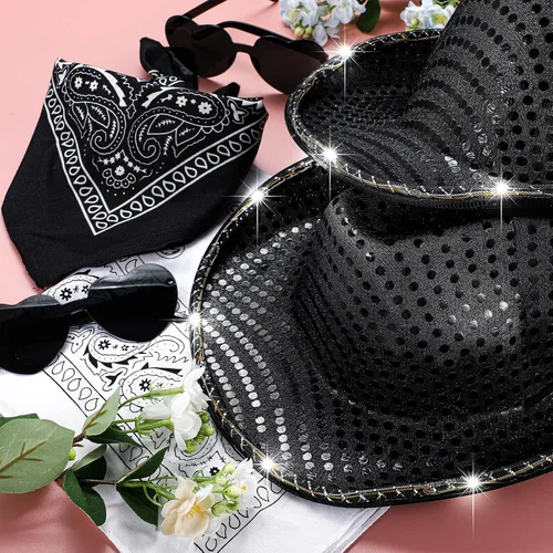 Miniatura 7 de 6 Pack Light Cowboy Hat Space Cowgirl Hat Led Flashing Hat with 6 Heart Glasses 6 Paisley Bandanna Western Cowboy Costume