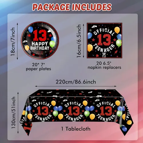 Miniatura 2 de Juego de 41 decoraciones para fiesta de cumpleaños número 13, color negro y rojo, incluye platos y servilletas, mantel para niños y niñas, dulce